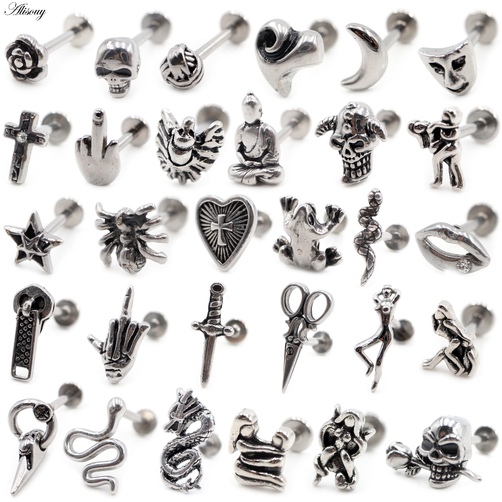 Alisouy 1 ชิ้นสแตนเลส Star Moon Cross งู Skull Tragus Helix Bar Labret Lip แหวนกระดูกอ่อนหูต่างหูเจาะเครื่องประดับ