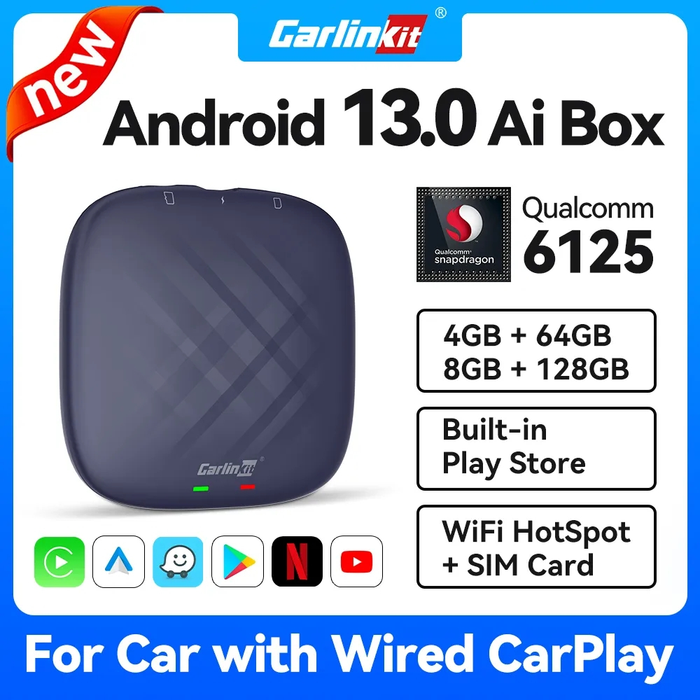 Carlinkit CarPlay Ai TV Box Plus Android13 8+128GB QCM 8-Core 665 6125 Wireless CarPlay Android Auto