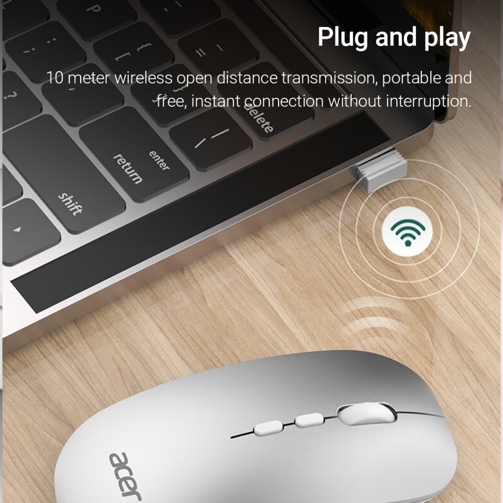 Acer เมาส์บลูทูธไร้สาย OMR050 สามโหมด 2.4GHz บลูทูธ 3.0 5.0 เสียงเงียบ ชาร์จได้ สําหรับระบบ Win 7 8 10 Android และ iOS