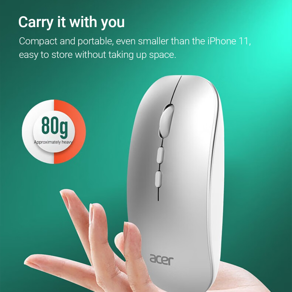 Acer เมาส์บลูทูธไร้สาย OMR050 สามโหมด 2.4GHz บลูทูธ 3.0 5.0 เสียงเงียบ ชาร์จได้ สําหรับระบบ Win 7 8 10 Android และ iOS