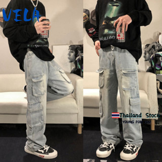 Vela-กางเกงยีนส์คาร์โก้ ผู้ชาย เอวสูงทรงกระบอกใหญ่ ขากว้าง ห…