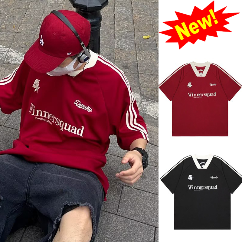 เสื้อยืดแขนสั้นคอวีสไตล์ High Street สไตล์อเมริกัน เสื้อคู่ลำลองทรงหลวมพิมพ์ลายย้อนยุค