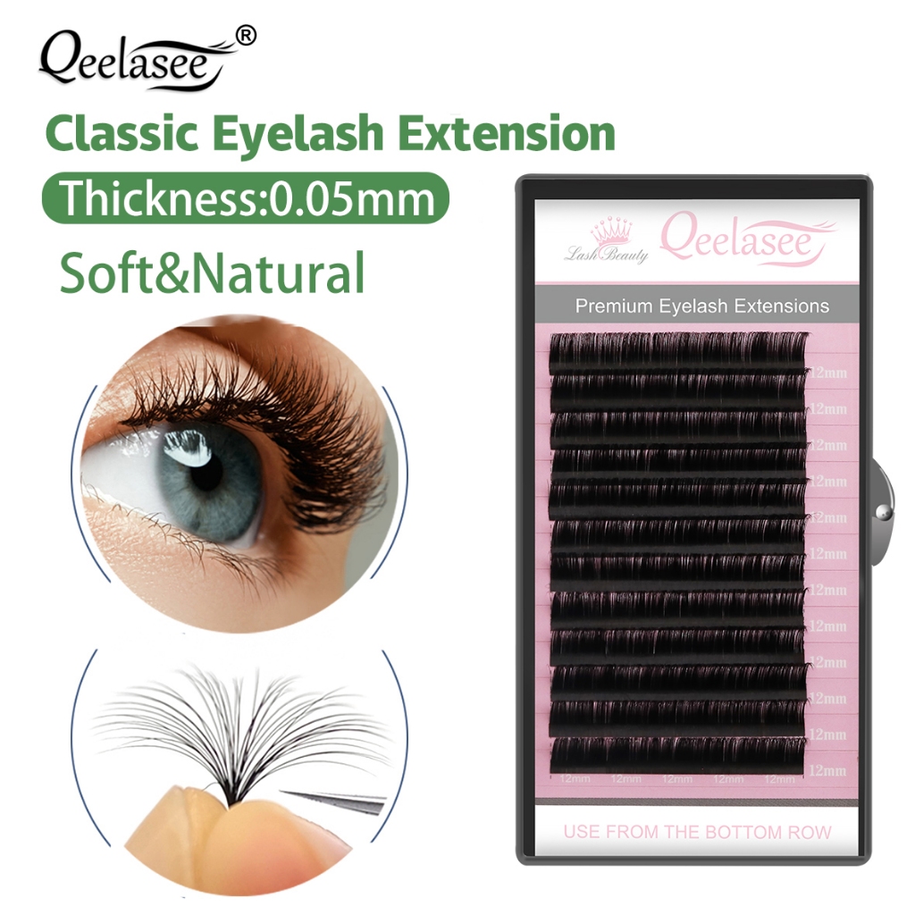 Qeelasee ขนตาปลอม ขนมิงค์ 0.05 มม. แบบมืออาชีพ ต่อขนตา สําหรับแต่งหน้า เส้นกลม ขนตา
