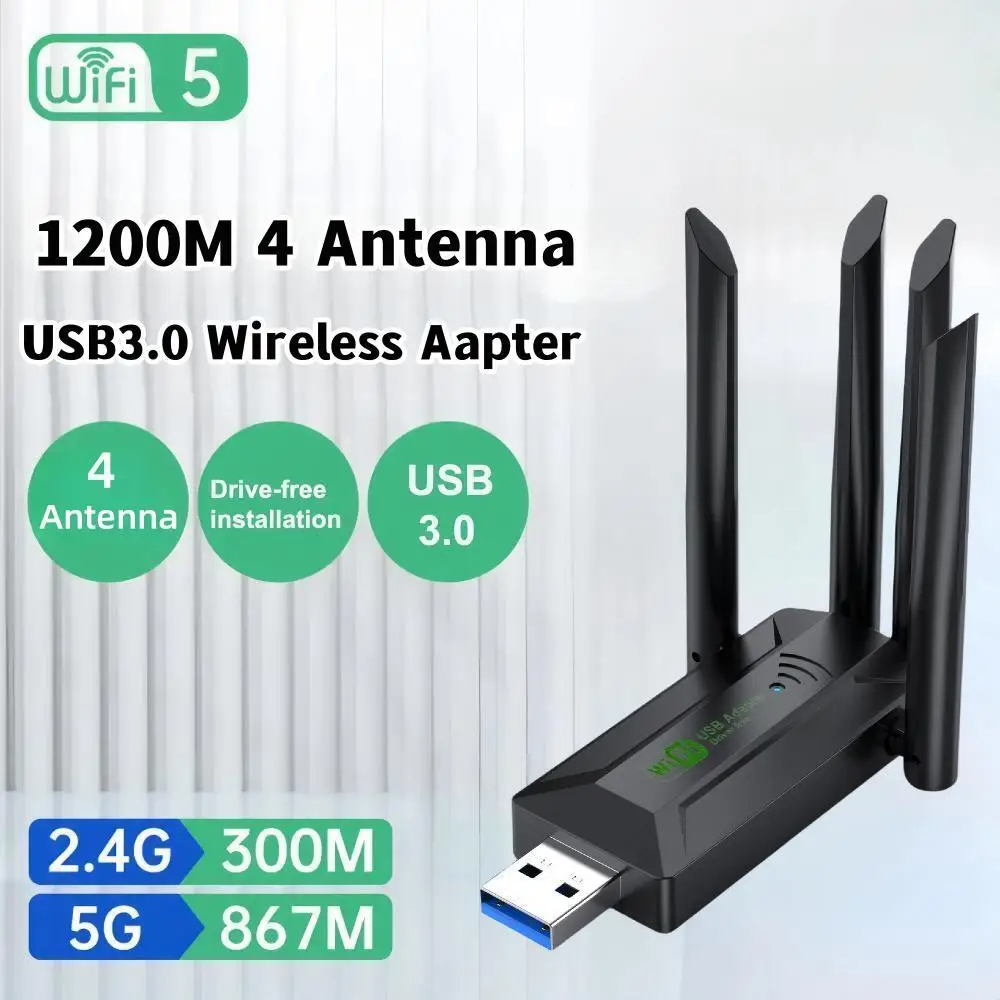 ไดรเวอร์ฟรี 1200Mbps USB Wifi อะแดปเตอร์ 4 เสาอากาศ USB การ์ดเครือข่ายไร้สายระยะไกล Dual Band 5GHz USB 3.0 สําหรับเดสก์ท็อป PC Window10/11