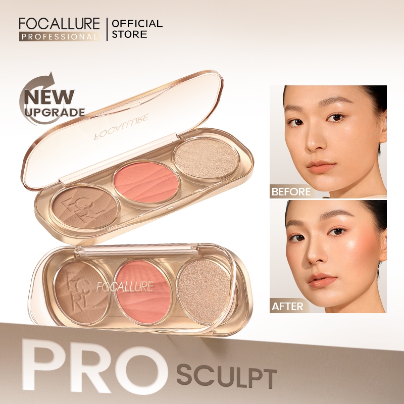 Focallure 3-in-1 พาเลตต์ไฮไลท์คอนทัวร์ คอนทัวร์ บลัชออน อเนกประสงค์ นุ่มลื่น