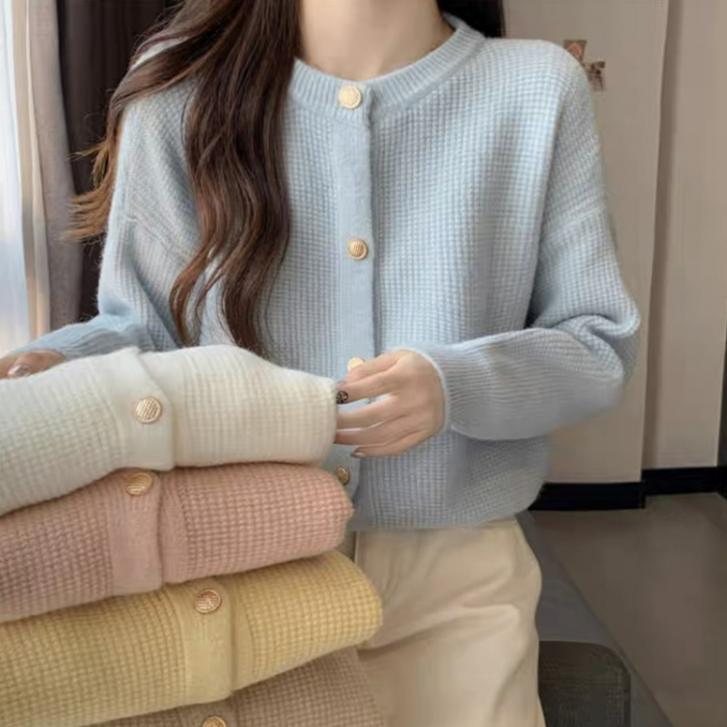 Floerns ฤดูหนาว ใหม่ เสื้อกันหนาว ผู้หญิง เกาหลี สีพื้น แขนยาว เสื้อคาร์ดิแกนถัก