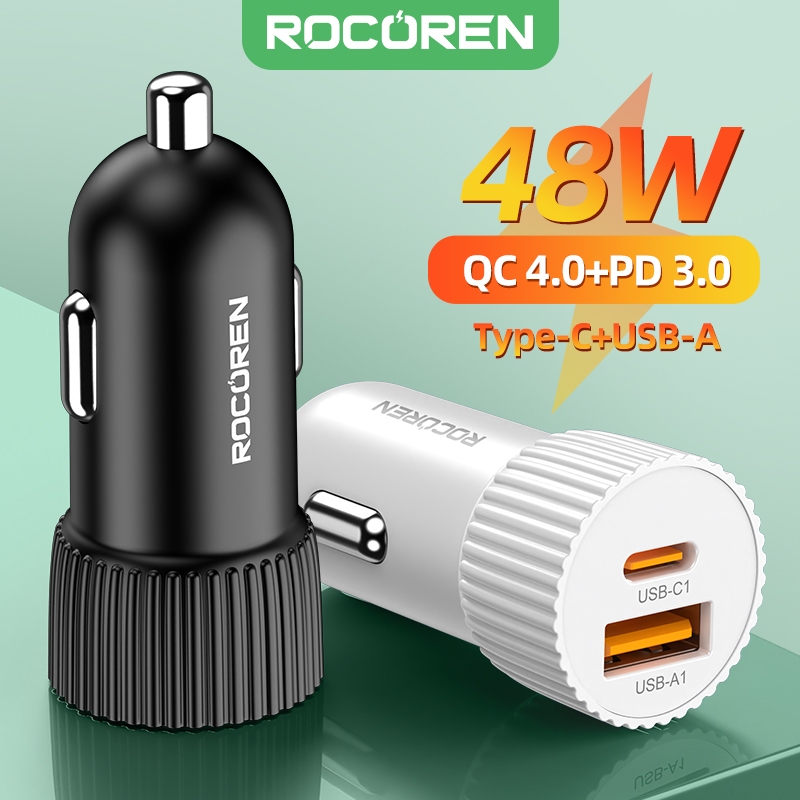 Rocoren ที่ชาร์จในรถยนต์ USB คู่ 48W สําหรับ iPhone Samsung QC 4.0 3.0 ชาร์จเร็ว