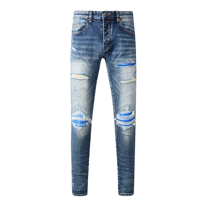 Amiri High Street แฟชั่นผู้ชายกางเกงยีนส์วินเทจสีฟ้าบางพอดีหนังสีฟ้าแพทช์ฝีมือการออกแบบปุ่มที่มีคุณภาพสูงกางเกงยีนส์ฮิปฮอปของผู้ชาย