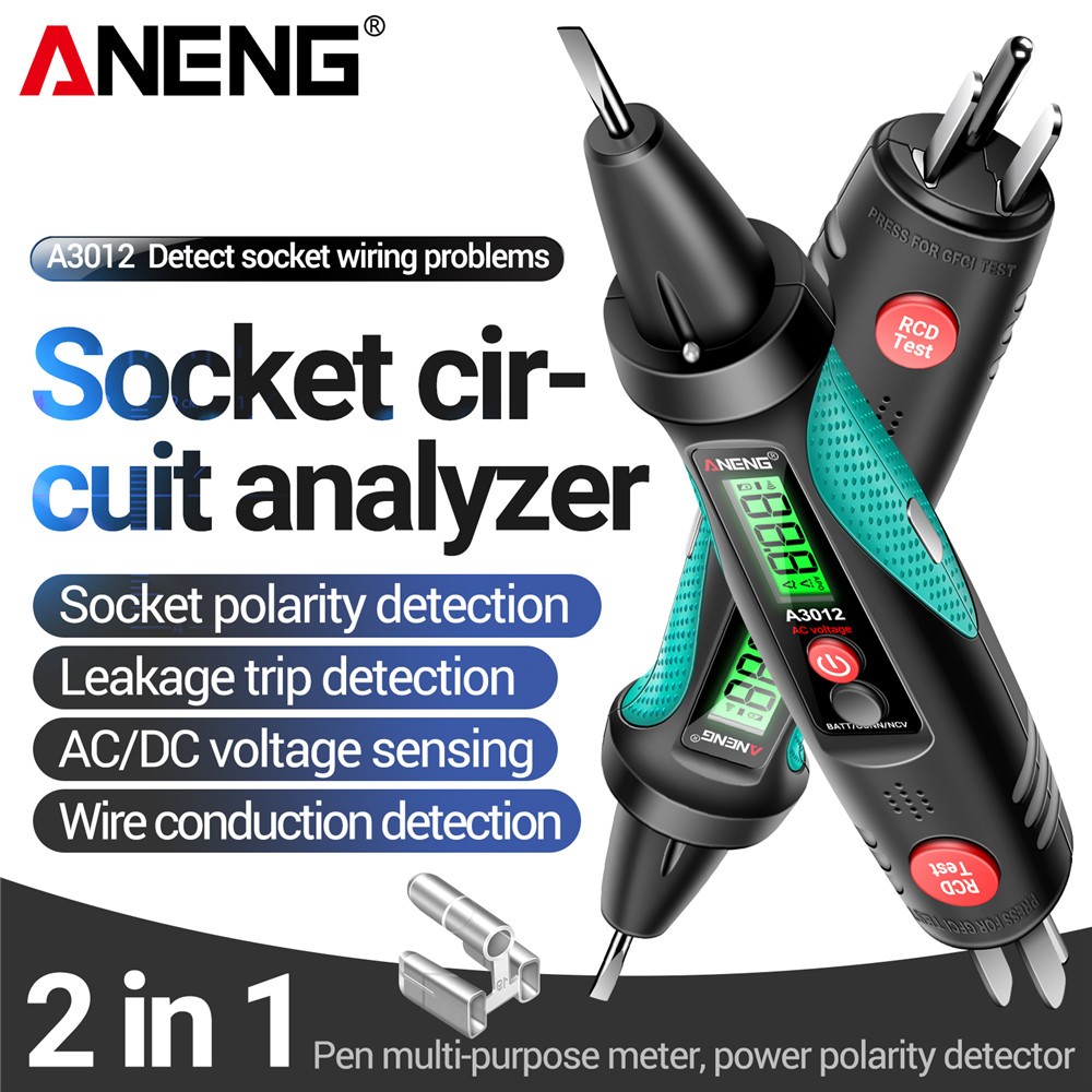 Aneng A3012 เครื่องวิเคราะห์วงจรซ็อกเก็ต อเนกประสงค์ AC/DC เครื่องทดสอบแรงดันไฟฟ้า เครื่องตรวจจับขั้วไฟฟ้าอัจฉริยะ เครื่องมือทดสอบการรั่วไหล