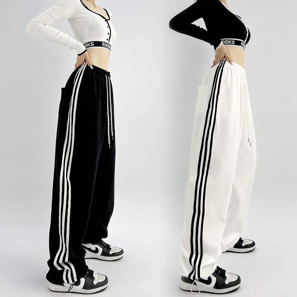 Luna shop กางเกงสีขาว กางเกงขาตรงสีดำสไตล์เกาหลีcargo pants เอวยางยืดทรงหลวมใส่แล้วดูผอม