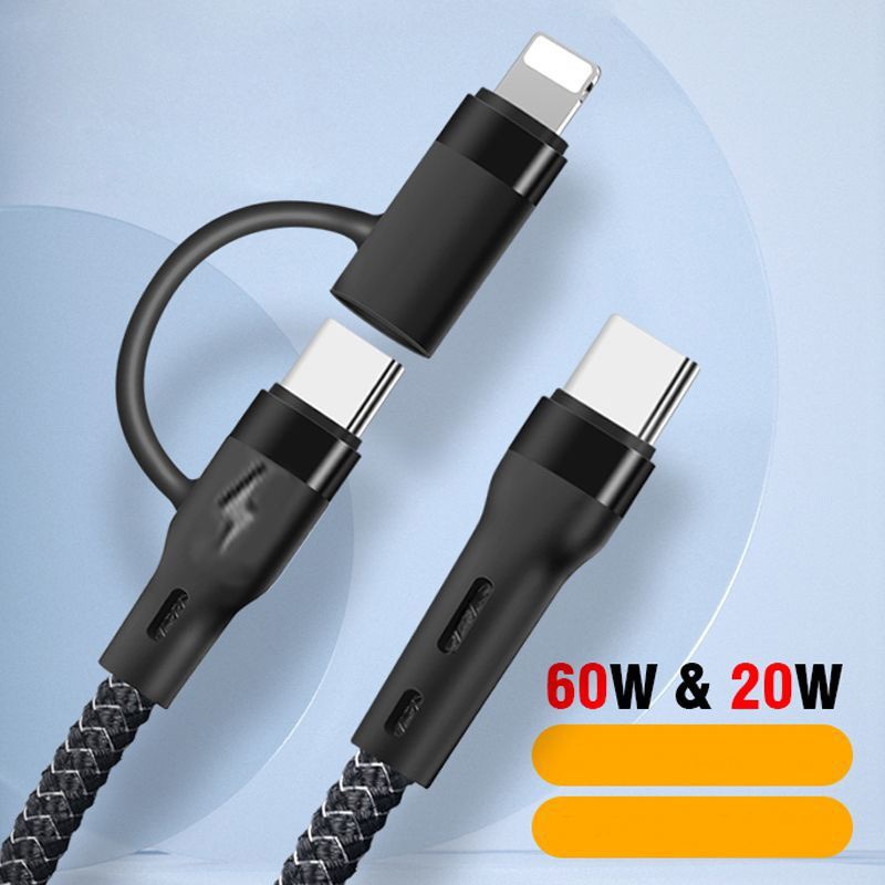 สายชาร์จ PD 60W ไนล่อนถัก 2-in-1 3A iPhone ios สายชาร์จ Type-C สําหรับอะแดปเตอร์ชาร์จ ซิงค์ข้อมูลอย่างรวดเร็ว เข้ากันได้กับแล็ปท็อป แท็บเล็ต