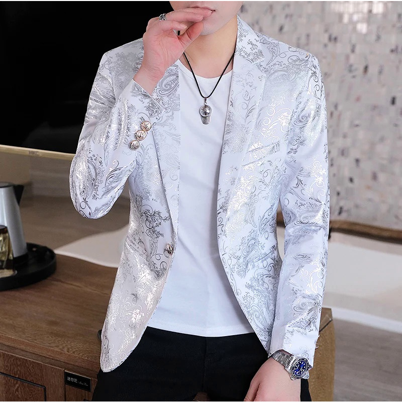 2026 ใหม่ผู้ชายหรูหราเสื้อสูท Golden-Plating ดอกไม้อังกฤษ Slim Fit สีขาวเสื้อสูทชายฤดูใบไม้ผลิฤดูร้อนสบายๆ Blazers