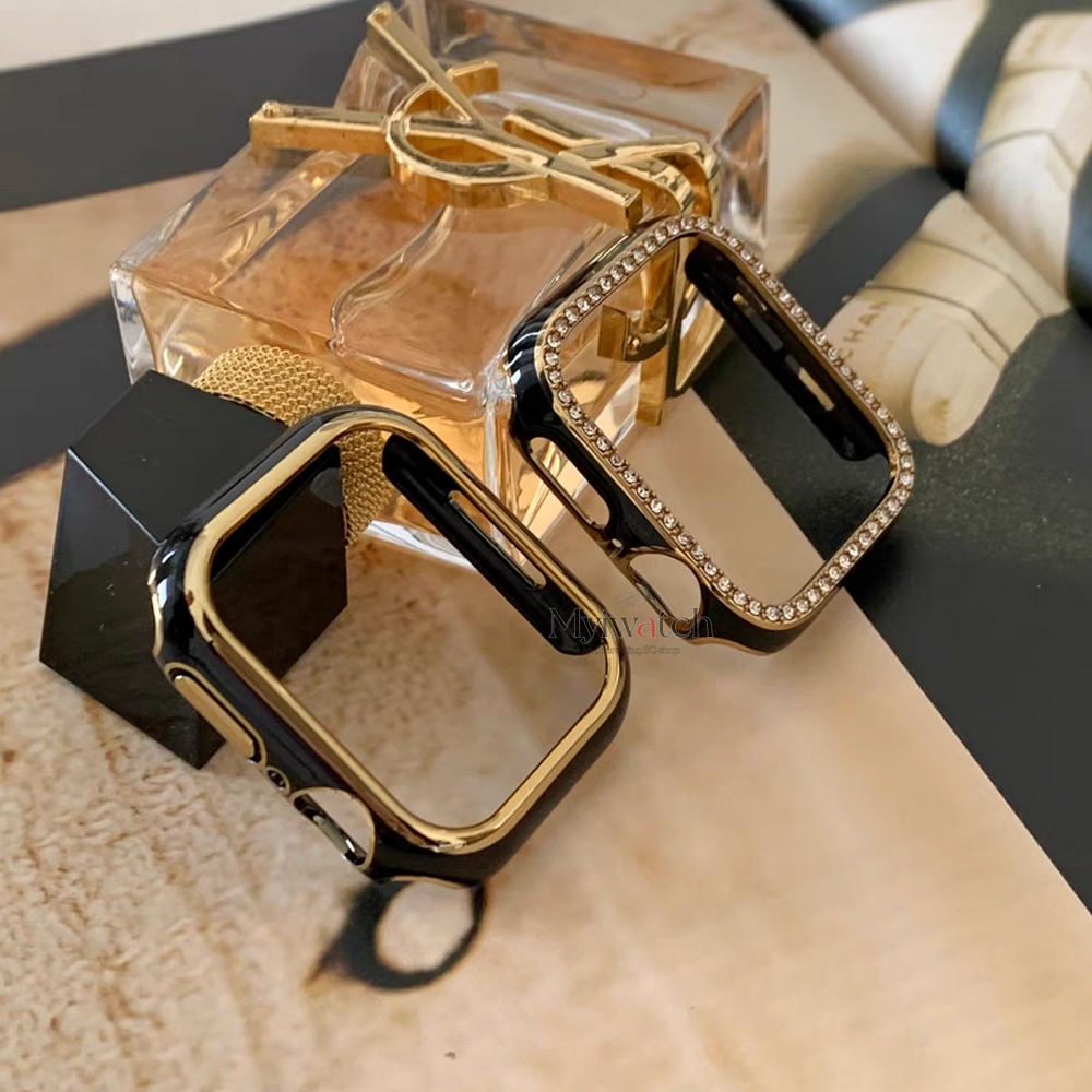 Black Gold series กันชน rhinestone สําหรับ Apple Watch กรณี 46 มม.45 มม.41 มม.44 มม.40 มม.42 มม.38 มม.ป้องกันหน้าจอแก้ว + สําหรับ iWatch series 10 9 S8 7 8 SE 6 5 4 3 2 1