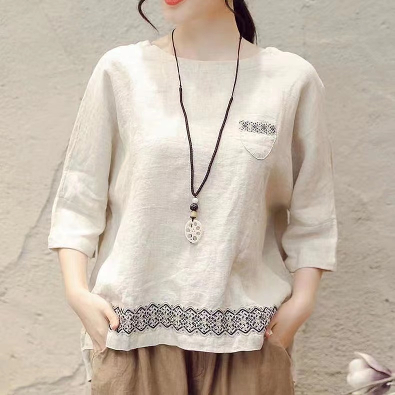 เสื้อเชิ้ตแขนสามส่วน ผ้าฝ้าย และผ้าลินิน สไตล์เกาหลี สําหรับผู้หญิง พร้อมส่ง