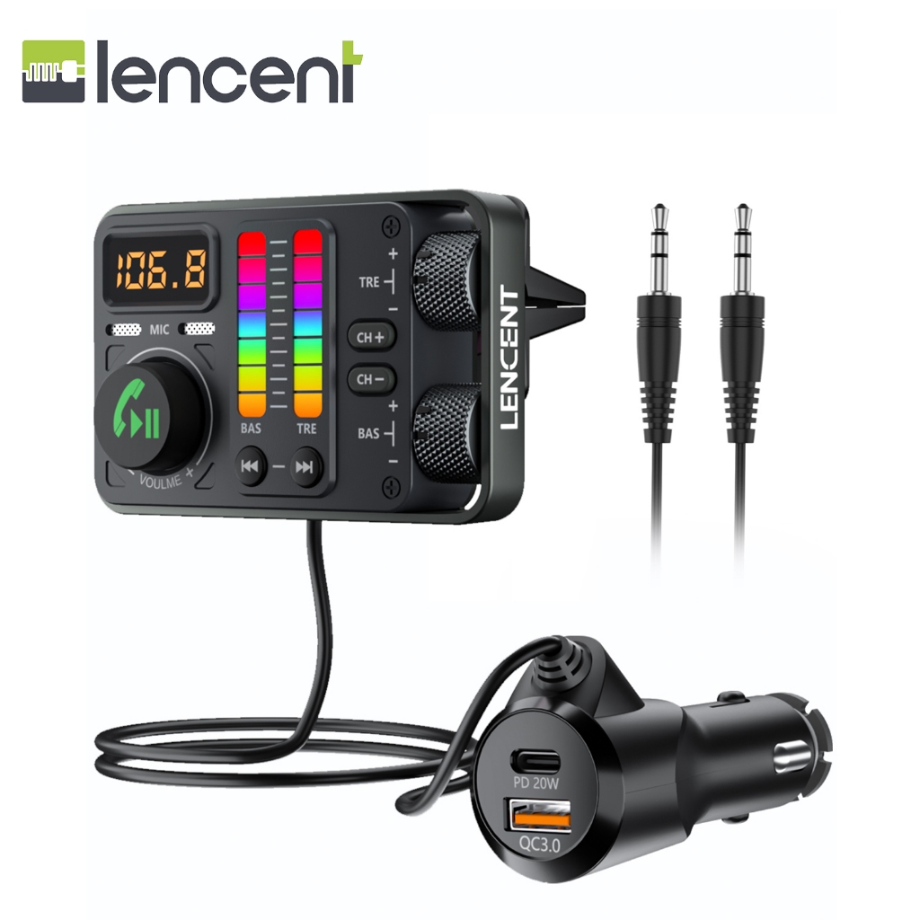 Lencent อะแดปเตอร์ส่งสัญญาณ FM บลูทูธ 5.3 เครื่องเล่นเพลง Hi-Fi Treble & Bass PD20W QC18W ชาร์จเร็ว พร้อมไมโครโฟนคู่ สําหรับโทรแฮนด์ฟรี Siri&Google