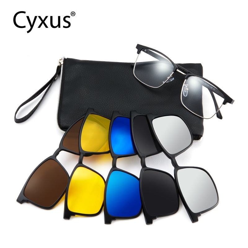 Cyxus Square 6 In 1 แว่นตากันแดด เลนส์โพลาไรซ์ กรอบสีดํา ป้องกัน UV400 ป้องกันแสงสะท้อน สําหรับผู้ชาย และผู้หญิง P1204