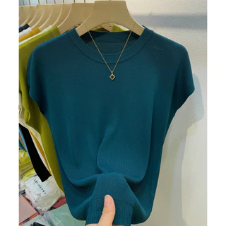 เสื้อกันหนาว คอกลม แขนสั้น เข้ากับทุกการแต่งกาย แฟชั่นฤดูร้อน สําหรับผู้หญิง