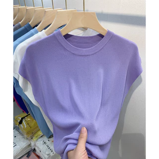 เสื้อกันหนาว คอกลม แขนสั้น เข้ากับทุกการแต่งกาย แฟชั่นฤดูร้อน สําหรับผู้หญิง