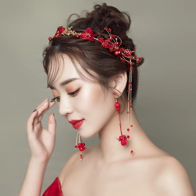 Y-Q ชุดที่คาดผม และต่างหู ลายดอกไม้ สีแดง สําหรับเจ้าสาว