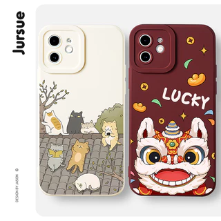 JURSUE ลายเชิดสิงโต เคสไอโฟน เคสซิลิโคนนุ่มกันกระแทกการ์ตูนตลก เคสโทรศัพท์ Compatible for iPhone 17 16 15 14 13 12 11 Pro Max SE 2020 X XR XS 8 7 Plus พลัส Y4576