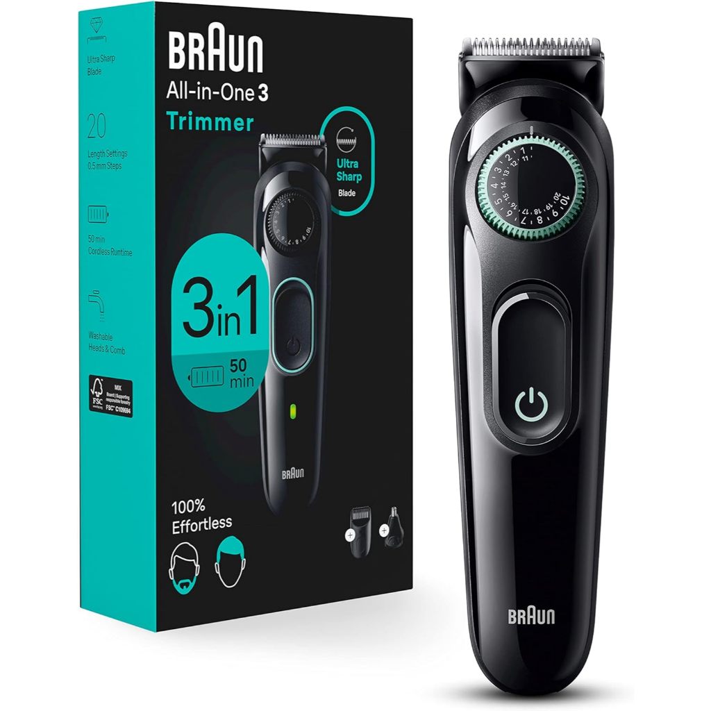 Braun All-in-One Style Kit Series 3 3430, 3-in-1 ปัตตาเลี่ยนตัดผม ตัดผมเครา หู จมูก ยาว 20 ระดับ ล้างทําความสะอาดได้ สําหรับผู้ชาย