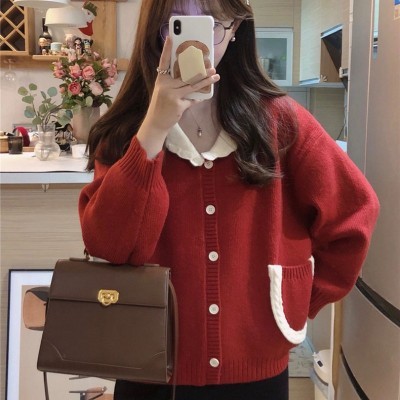 NZN เสื้อเบลาส์เกาหลีสีแดงปีใหม่ที่มีปกพับกระดุมแถวเดียวแขนยาวถักเสื้อสเวตเตอร์ถัก