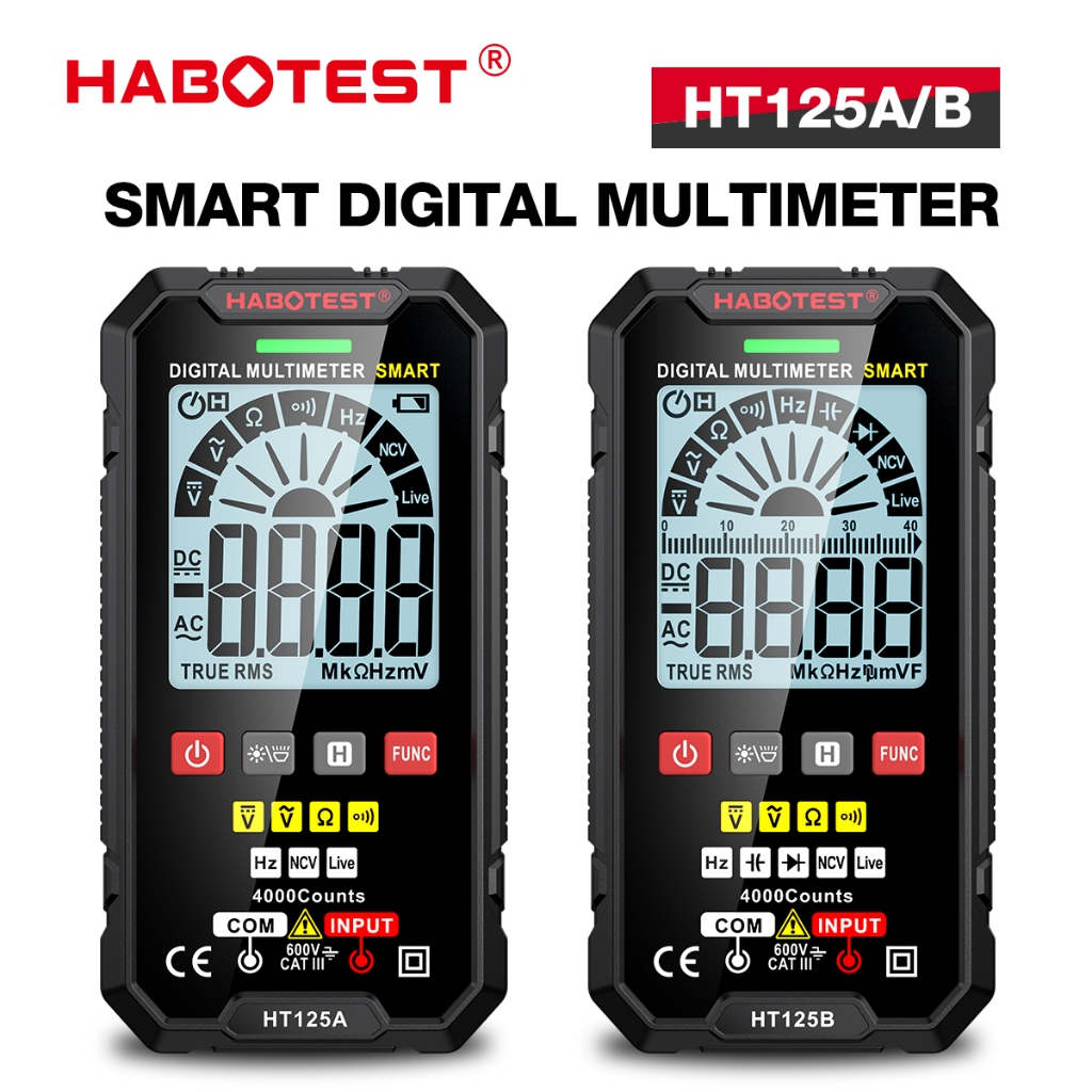 HABOTEST HT125 มัลติมิเตอร์อัจฉริยะ 600V AC/DC แรงดันไฟฟ้า โวลต์มิเตอร์ 4000 นับ True RMS NCV เครื่องวัดแรงดันไฟฟ้า เครื่องมือวัดความต้านทานความจุ