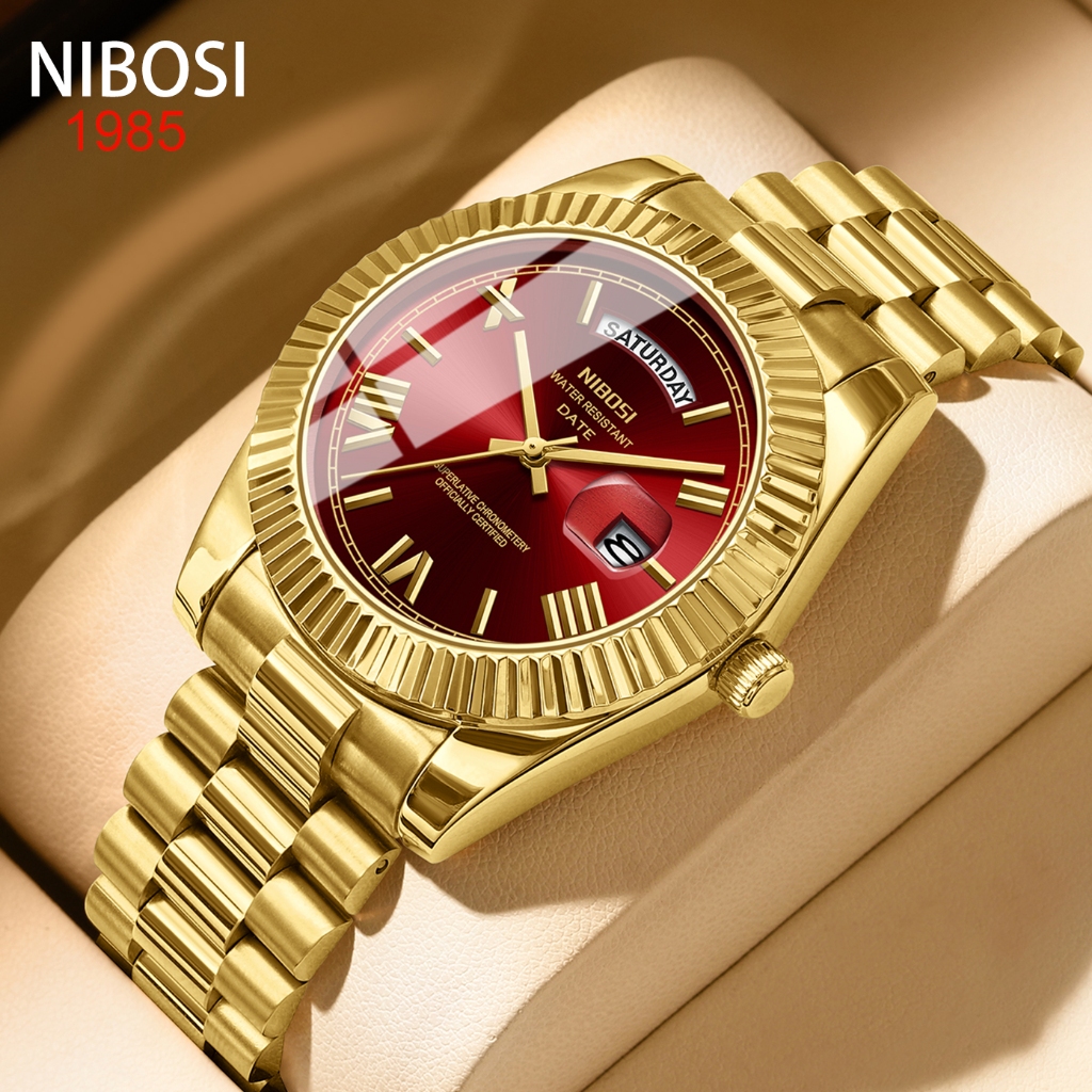 Nibosi's ใหม่ นาฬิกาข้อมือแฟชั่นสําหรับผู้ชาย สายเข็มขัด แสดงปฏิทิน สีทอง สไตล์ธุรกิจ