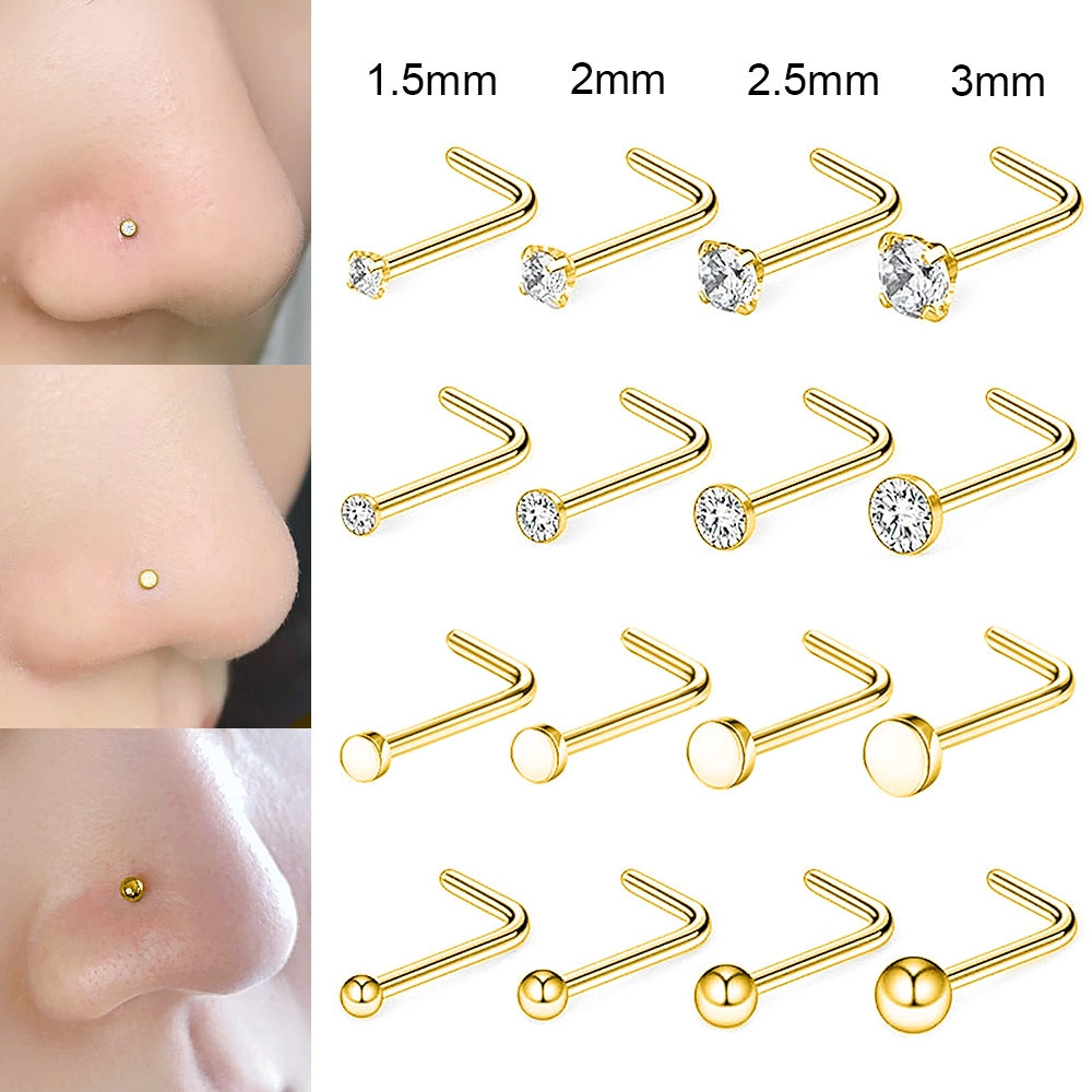 1 PC 1.5/2/2.5/3 มม.คริสตัลสแตนเลส Nostril เจาะสีทอง L รูปร่างจมูกสตั๊ดรอบบอลจมูกเจาะเครื่องประดับ