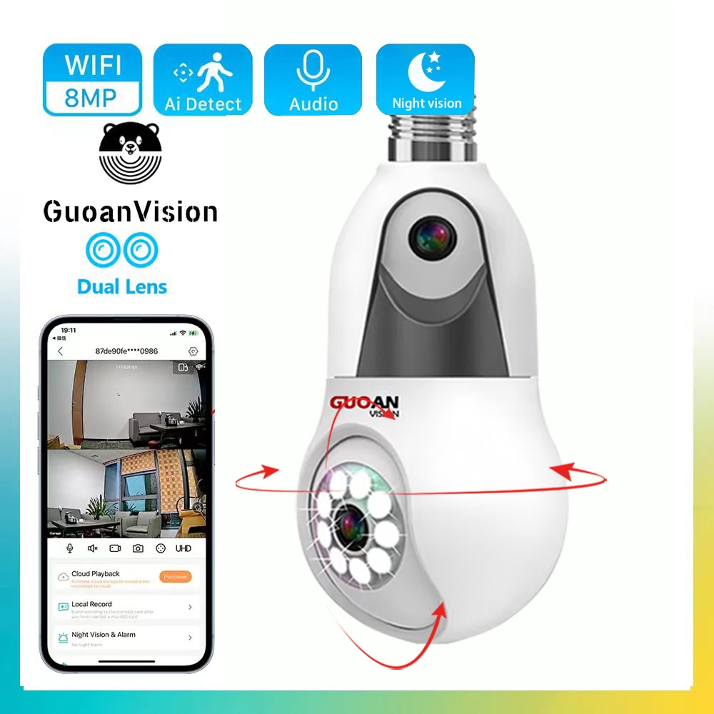 Guoan Vision กล้องวงจรปิด 8MP WiFi PTZ IC see องเห็นกลางคืน หลอดไฟ HD AI ติดตามมนุษย์