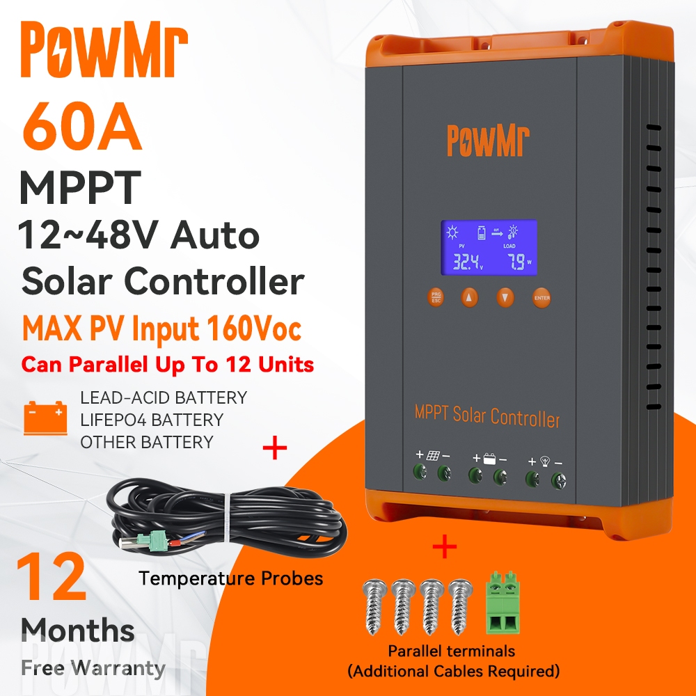 PowMr 2024 ใหม่ 100% Mppt 60A Solar Charge Controller 12v-48v Auto 160vdc lcd พัดลมสนับสนุนขนานสูงสุ