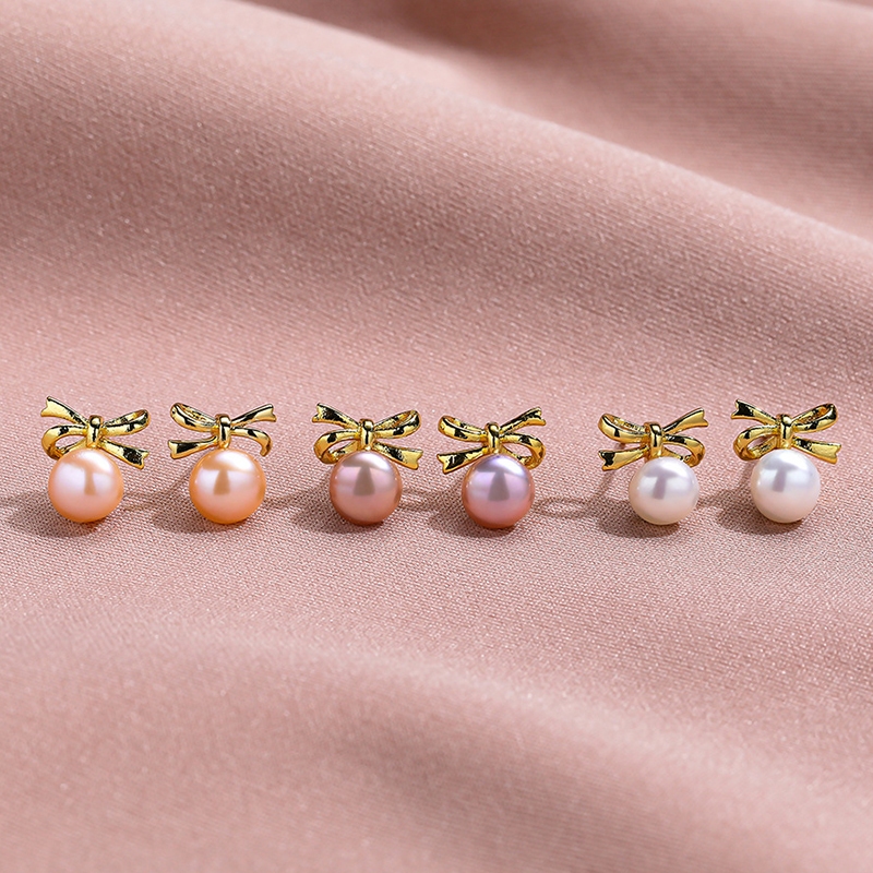 ต่างหูมุก โบว์น้ําจืดธรรมชาติ สําหรับผู้หญิง