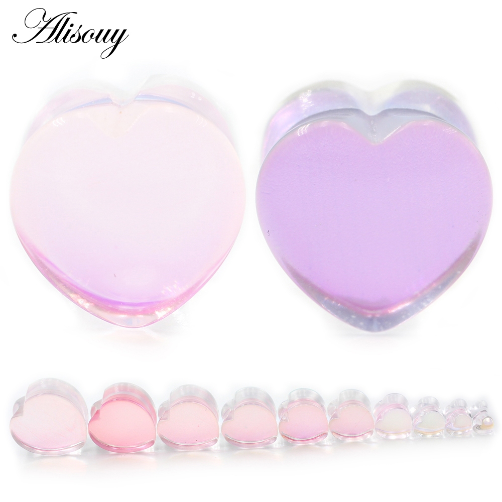 Alisouy 1 ชิ้น สีชมพู สีม่วง หัวใจ แก้วใส อุโมงค์หู ปลั๊กขยาย เกจวัด ต่างหู เจาะร่างกาย เครื่องประดับ