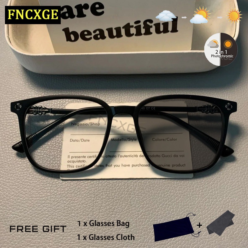 Fncxge แว่นตาสายตาสั้น โฟโตโครมิก เลนส์เปลี่ยนสีได้ ป้องกันรังสียูวี 400 สไตล์เกาหลี เหมาะกับทุกเพศ ทุกวัย