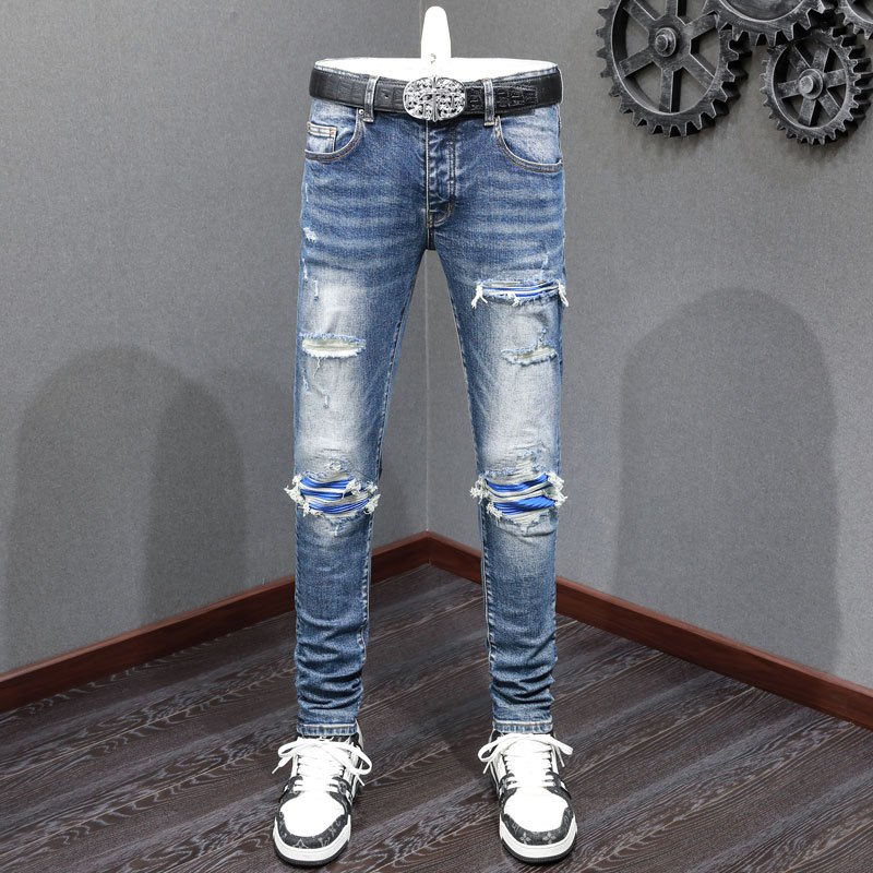 Amiri High Street Fashion Man Jeans วินเทจสีน้ำเงินผอมบางหนังสีฟ้า Welt ปุ่มออกแบบผู้ชายฮิปฮอปกางเกงยีนส์เทรนด์