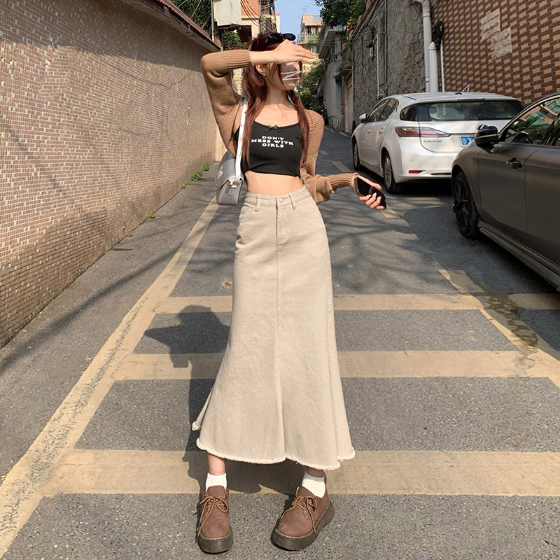 ฤดูใบไม้ผลิใหม่คาวบอย หางปลา กระโปรงผู้หญิง ก-เส้น บางครอบคลุมเป้าและห่อสะโพกกระโปรงครึ่งตัว