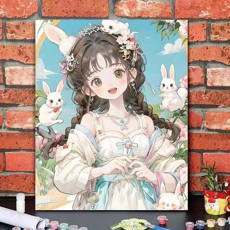 JINYOU ระบายสีตามตัวเลข สาวสไตล์โบราณ DIY มือเติมการ์ตูนภาพวาดสีน้ำมันตกแต่งแขวนภาพวาด 20x30/30x40 ซม.