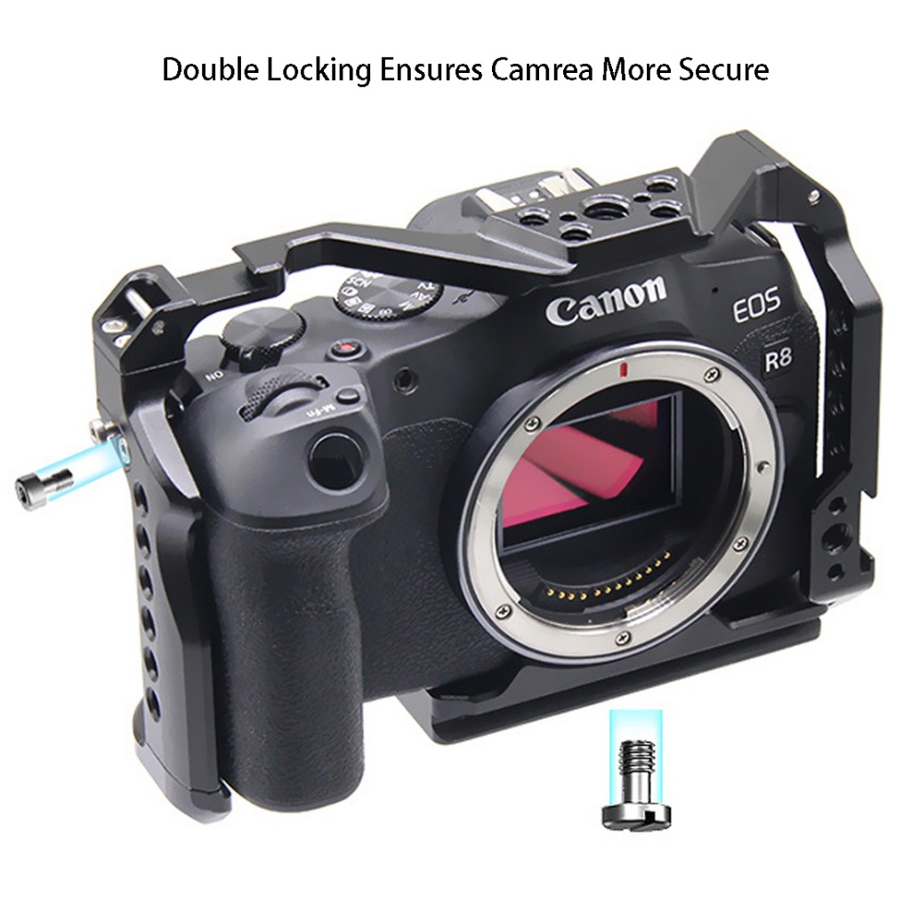 R8 กรงสําหรับ Canon EOS R8 กล้องอลูมิเนียมกรงรองเท้าเย็น, 1/4 "-20 รูเกลียวสําหรับการทําฟิล์ม, วิดีโอบล็อก, การถ่ายภาพวิดีโอ
