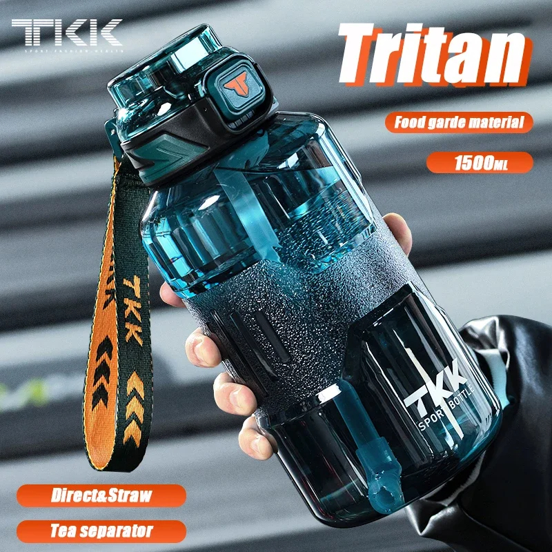 Tkk ขวดน้ํากีฬา 1500 มล. วัสดุ Tritan ปลอด BPA พร้อมฟาง ถ้วยความจุขนาดใหญ่ กาต้มน้ํา ยิมกลางแจ้ง