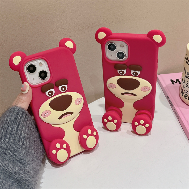 เคสโทรศัพท์มือถือซิลิโคน TPU แบบนิ่ม ลายหมีสตรอเบอร์รี่ สามมิติ สําหรับ Iphone 15 Pro Max 14 Pro Max 13 Pro Max 11 12 Pro Max
