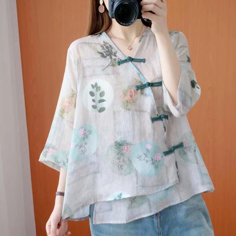 เสื้อกี่เพ้า พิมพ์ลายดอกไม้ ทรงหลวม สไตล์จีน พลัสไซซ์ สําหรับผู้หญิง