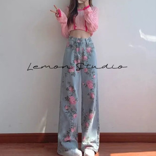 Lemon Studio กุหลาบยีนส์ กางเกงยีนส์วินเทจเอวสูง ลายดอกกุหลา…