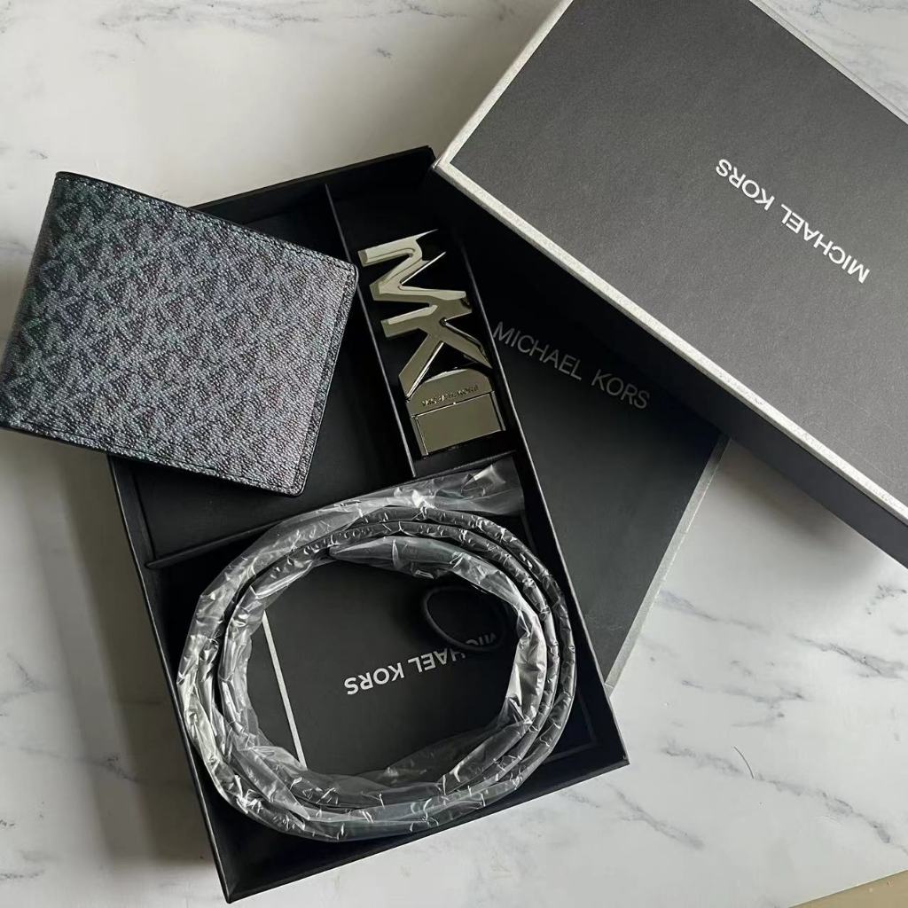 เข็มขัด 120 ซม. + กล่องกระเป๋าสตางค์ MK เข็มขัดผู้ชาย เข็มขัดหนัง PU สีดํา สายรัดหรูหรา เข็มขัดกระเป๋าเงินชาย