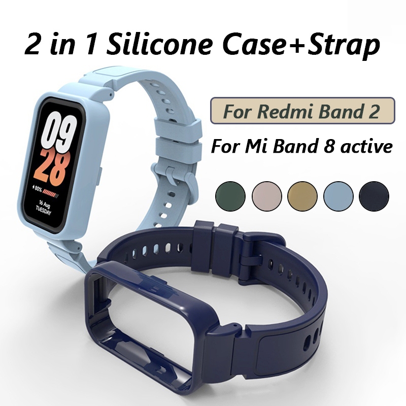 2 in 1 สายนาฬิกาข้อมือซิลิโคนนิ่ม พร้อมเคส แบบเปลี่ยน สําหรับ Redmi Band 2 Xiaomi Mi Band 8 Active