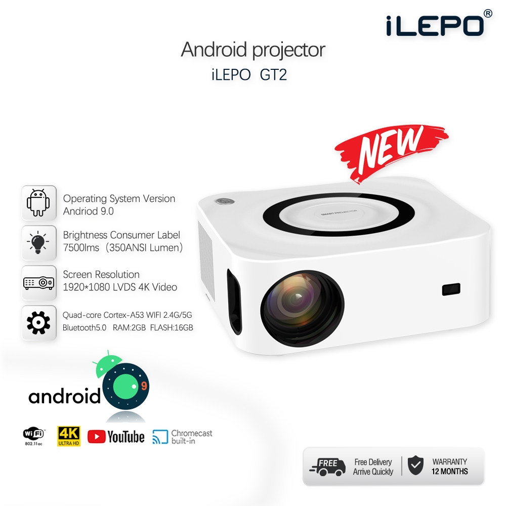 Projector 4K Full HD android 9.0 350ANSI Lumen ILEPO Dual WIFI 2.4G/5.0G with Bluetooth โปรเจคเตอร์