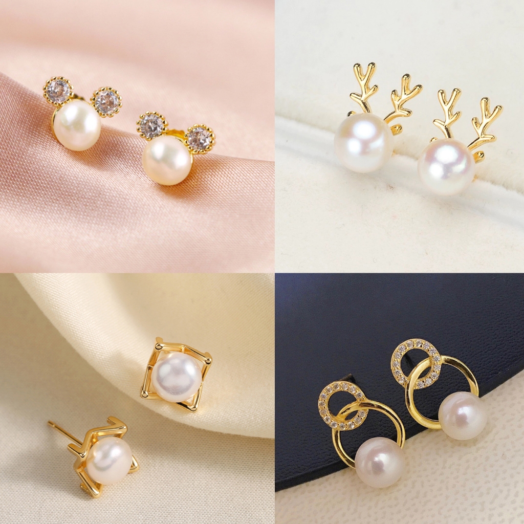 ใหม่ ต่างหูมุกน้ําจืดธรรมชาติ รูปเกล็ดหิมะ ดอกกุหลาบ น้ําหนักเบา