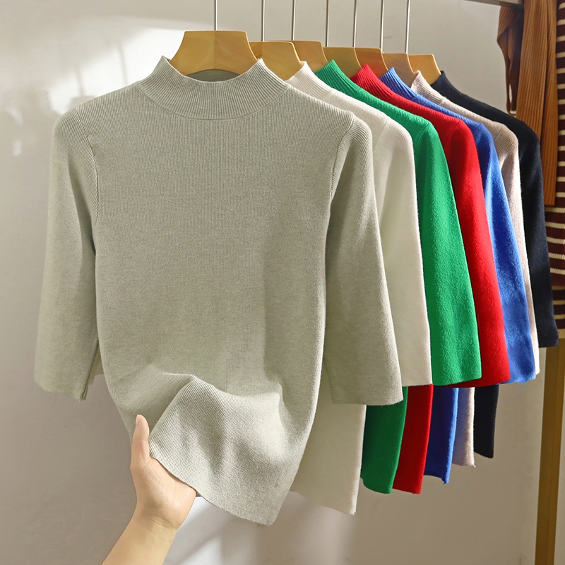 เสื้อถัก คอครึ่ง แขนครึ่ง สีพื้น สําหรับผู้หญิง