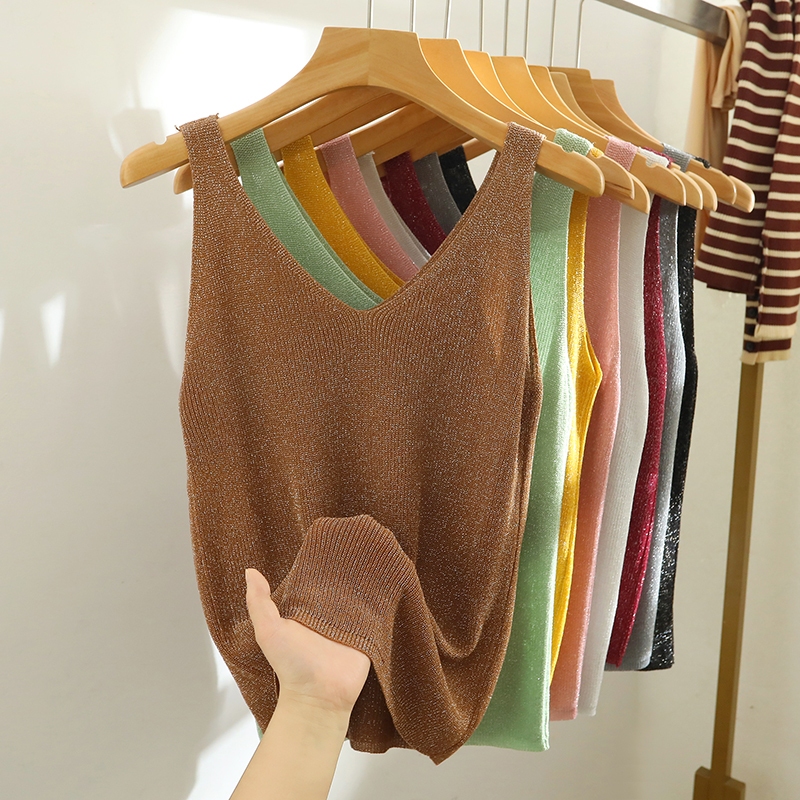 K เสื้อกั๊ก ผ้าไหมถัก ชั้นใน แบบบาง สีสดใส สําหรับผู้หญิง