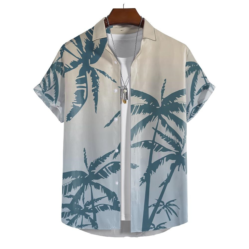 เสื้อเชิ้ตแขนสั้นลําลอง ผ้ายืด พิมพ์ลายต้นมะพร้าว เหมาะกับเดินชายหาด แฟชั่นฤดูร้อน สไตล์ฮาวาย สําหรับผู้ชาย 2023