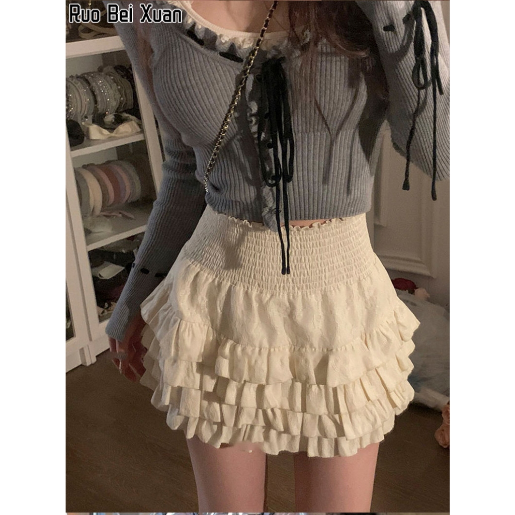 Ruo Bei Xuan กระโปรงสั้น เอวสูง สไตล์เกาหลี สําหรับผู้หญิง